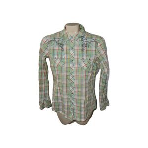ARIAT Western Plaid Embroidered Long Sleeve Pearl‎ Snap Shirt  Blouse M Cowgirl